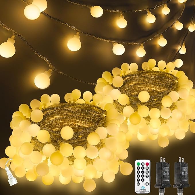2PK 200LED 86FT Connectable Globe String Lights Indoor Bedroom Warm White | Classroom String Lights Plug in, 8 Modes & Remote, Hanging Fairy Light for Classroom Christmas Room Party Outdoor Decor