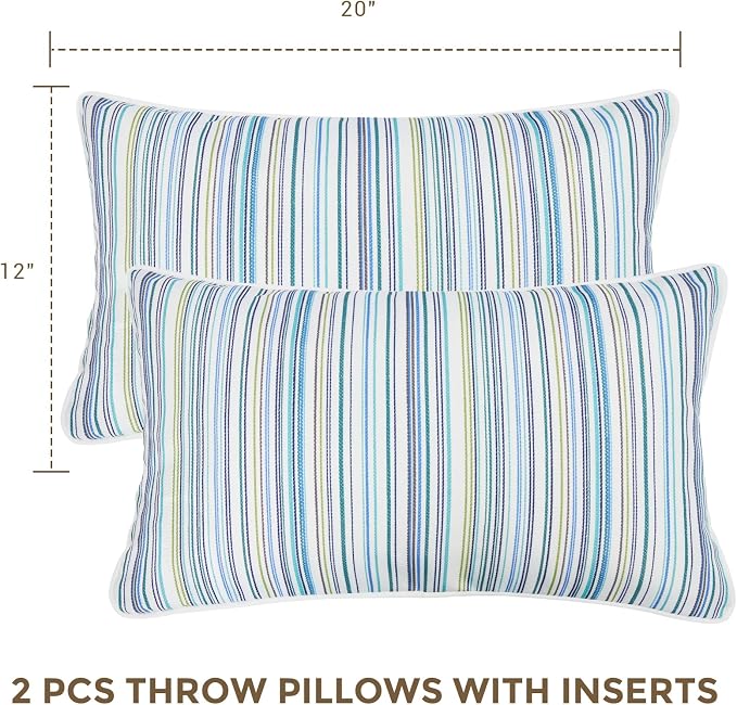 Lumbar Pillow with Insert, Set of 2, Outdoor Indoor Waterproof Decorative Patio Lumbar Pillow 12x20 Inch, Rectangular Cushion for Couch Sofa Garden Farmhouse Decoration-Blue Stripe