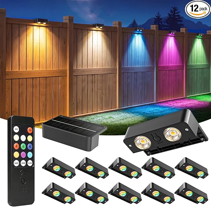 Bridika Solar Fence Lights Outdoor with Remote, L-Shaped Design, Black 12 | Remote sync all lights, 9 Colors & 3 modes, LED, IP65 waterproof, Dusk to dawn, for fence/deck/patio/stairs/railing/wall