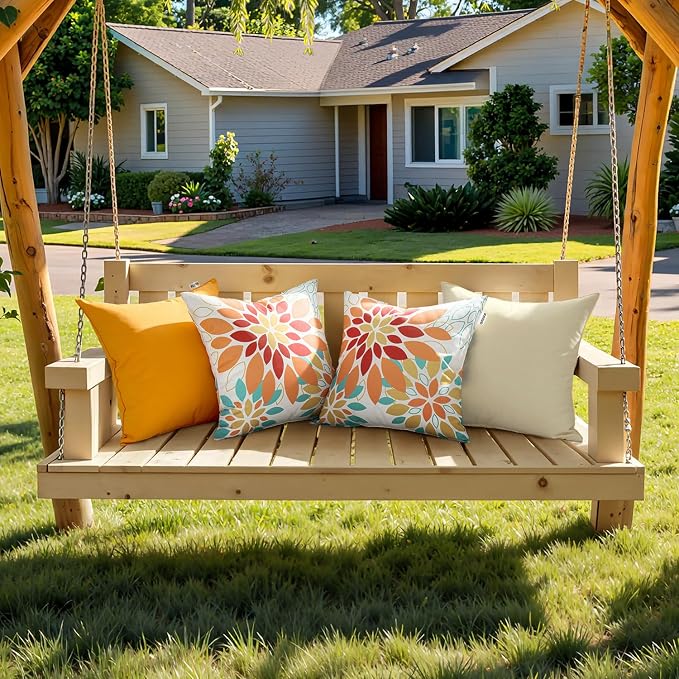 Floral Outdoor Pillow Covers Orange Yellow 18x18 Set of 2 | Waterproof Throw Pillow Cases Spring Decorative Summer Cushion Covers for Patio Furniture Garden Bench Porch Sofa