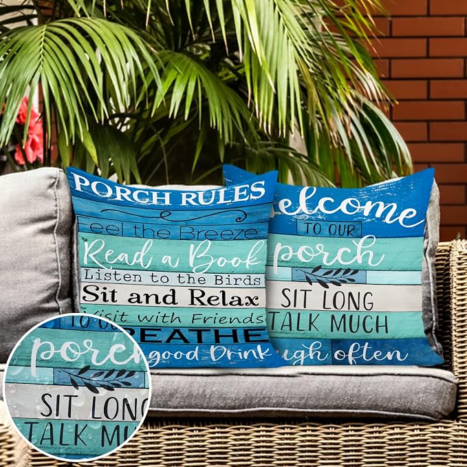 Waterproof Outdoor Pillow Covers 18x18 - Turquoise Blue Beige Woodgrain Coastal Farmhouse Welcome to Porch Decorative Cushion Covers for Patio Furniture, Set of 2