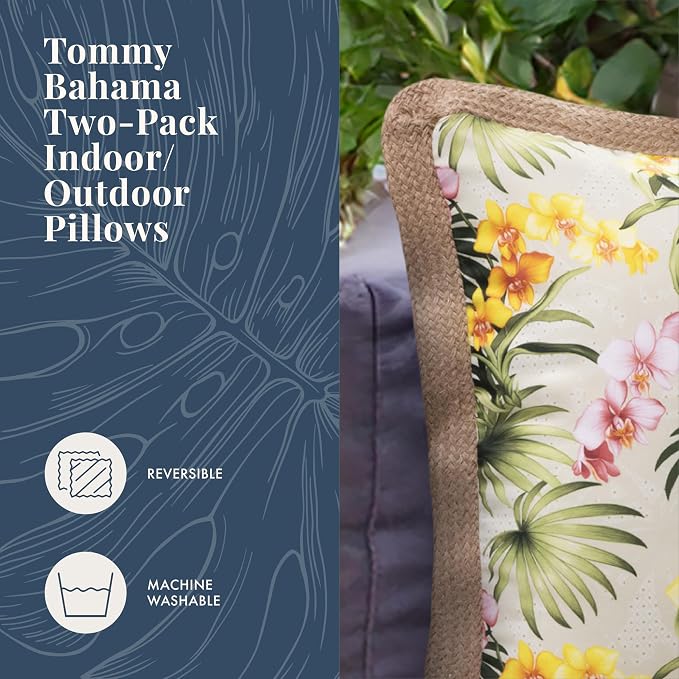 Tommy Bahama 18" x 18" Indoor/Outdoor Pillows, Pack of 2, Orchids Green | Water-Resistant, Fade-Resistant Cushions with Inserts, Reversible Covers For Patio, Poolside And Garden Seating