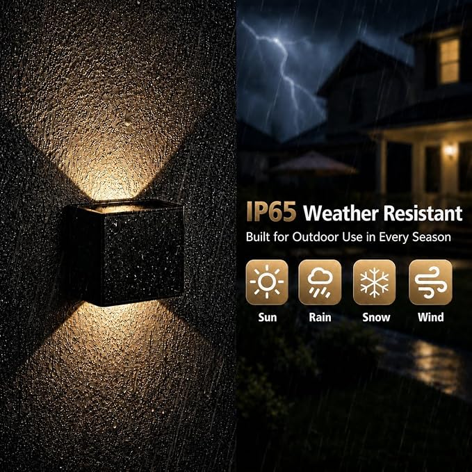 T-SUN Solar Wall Lights Outdoor 6 Pack, 3000K Up Down Solar Wall Sconce | IP65 Waterproof Decorative Accent Lights for Front Porch, Garage Wall, Back Patio, Fence Corner, Pathway Entry