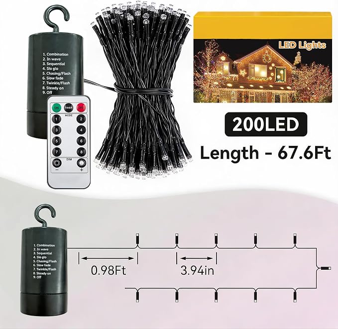 Battery String Lights 66Ft 200LED Remote Timer Decor | Indoor Outdoor Waterproof 8 Modes Memory Battery Operated Christmas Lights for Outside Party Garden Christmas Tree Décor