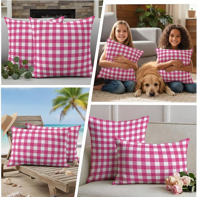Hot Pink Checks Outdoor Pillow Covers 20"x20" Set of 2, Gingham Plaid Abstract Modern Minimalist Waterproof Throw Pillow Covers for Patio Furniture, Decorative Cushion Covers for Porch