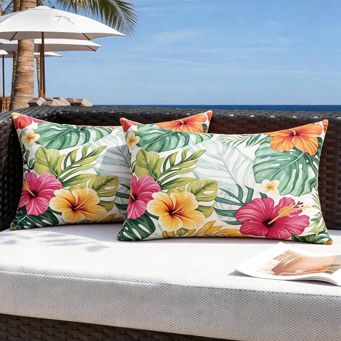Outdoor Pillow Covers 12x20 Inch Set of 2, Tropical Floral Plants Modern Throw Pillows Cases Waterproof Square Garden Cushion Sham for Patio Funiture Tent Balcony Bench Sofa Couch, Pink Green