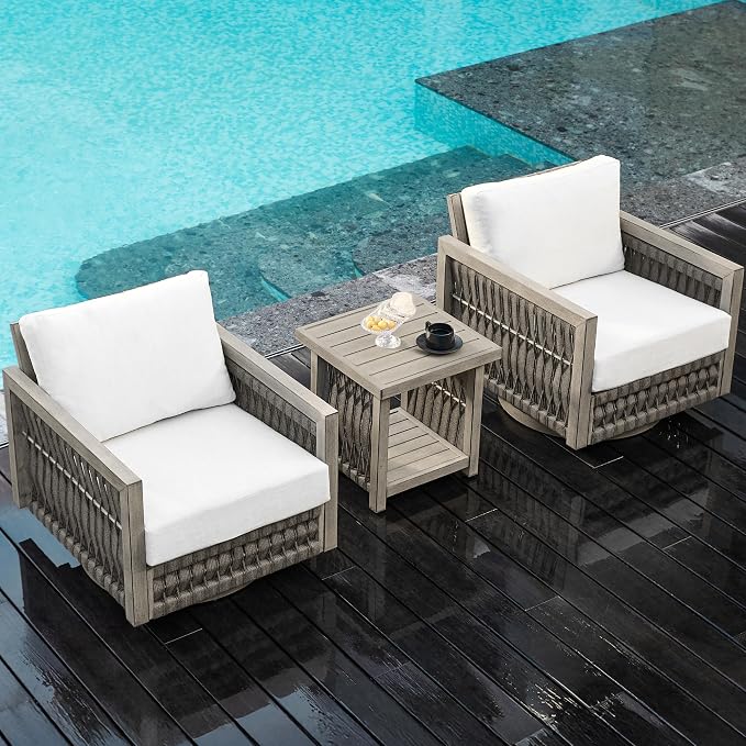 3 Pieces Patio Furniture Set, Outdoor Patio Sofa Set with 2 Swivel Chair & Side Table, All-Weather Aluminum Garden Outdoor Contemporary Sofa Chair with Cushion for Porch Yard Deck, Gray Oak