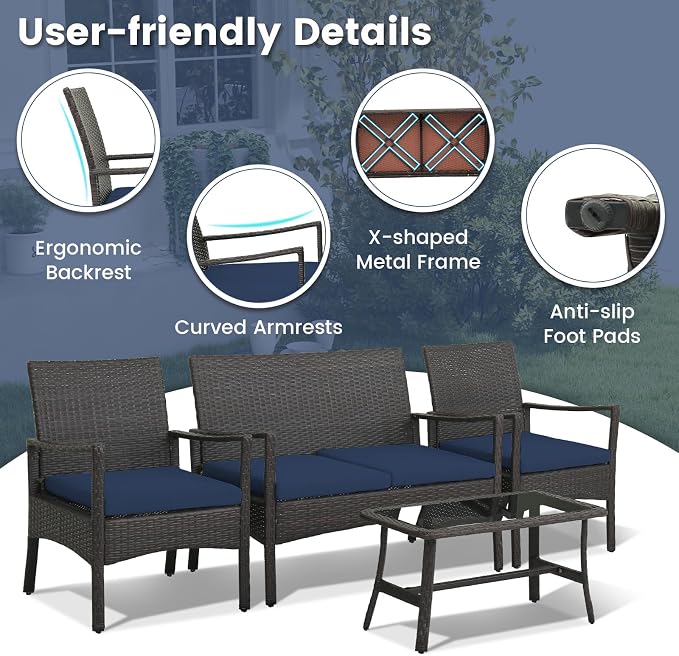 HAPPYGRILL 4-Piece Rattan Patio Conversation Set with Tempered Glass Coffee Table, Comfortable Wicker Loveseat & Chairs for Poolside, Courtyard, Balcony