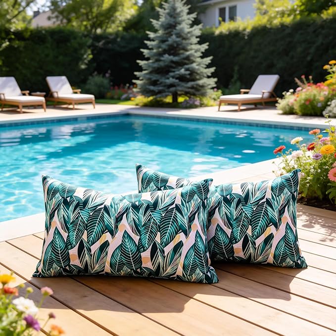 Decorative Waterproof Lumbar Pillow Covers Green Tropical Leaf Outdoor Throw Pillow Covers Summer Accent Couch Covers Garden Cushion Cases 12x20 Set of 2 for Patio Tent Bench Balcony Furniture Sofa