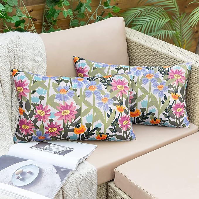 Pyonic Floral Outdoor Lumbar Pillows Covers 12x20 inch Waterproof Spring Summer Decor Outdoor Pillows for Patio Furnture Garden Bench Porch