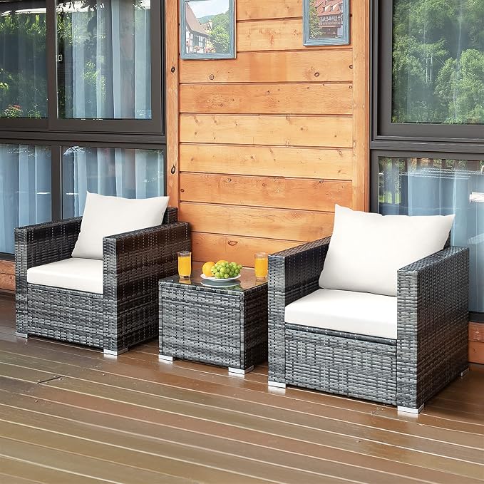 HAPPYGRILL 3 PCS Patio Conversation Set Outdoor Rattan Wicker Sofa Set with Coffee Table Patio Furniture Set with Soft Cushions for Balcony Porch Backyard Garden