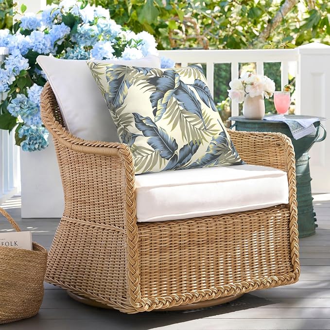 DYTXIII Pack of 2 Outdoor Waterproof Pillow Covers ONLY, 18"x18" Square Decorative Double Printed Throw Pillow Cases for Patio Couch Porch Furniture, Lush Palm Blue