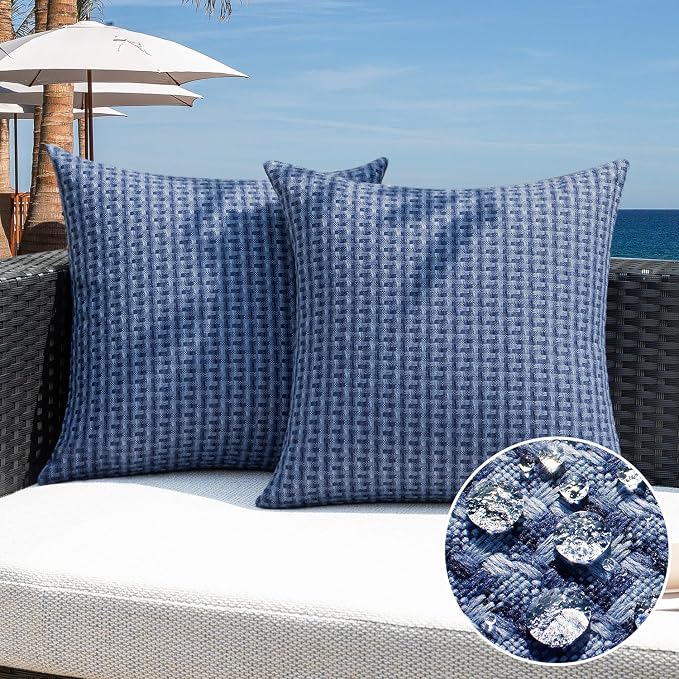 Kevin Textile Outdoor Waterproof 20"x20" Pillow Covers 2 Pack, Navy Blue | Water Resistant Weaving Faux Linen Texture Throw Pillow Covers, Outside Decorative Pillowcases for Garden Patio Balcony Couch