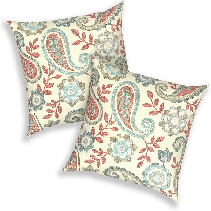 20x20 Inch Pack of 2 Patio Throw Pillow Covers ONLY, Water Repellent Cushion Cases, Square Pillowcases for Outdoor Couch Decoration, Paisley Vintage