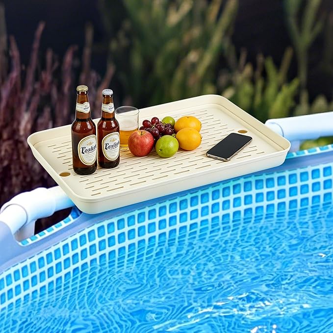 Poolside Table Above Ground Pool Side Bar, Foldable Side Bar with Drainer | Fits Above Ground Pool Circular Tube Accessories for Pool Party Poolside Patio Backyard Holds drinks & snacks Weatherproof