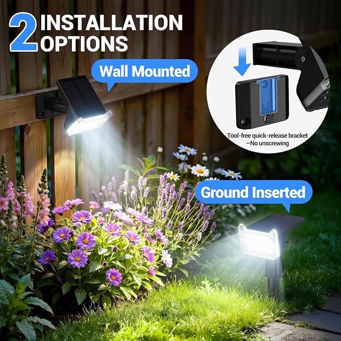 Solar Spot Lights Outdoor Waterproof IP65, Super Bright LEDs with Lens, 6500K 2 Lighting Modes, 2 in 1 Auto On/Off Solar Powered Spotlights for Yard Flag Landscape Tree, 4 Pack, Cool White