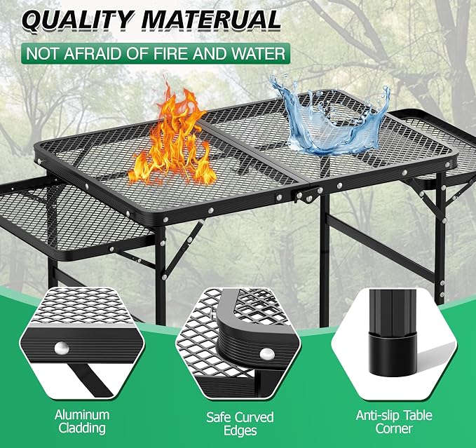 Folding Camping Table with 2 Extra Desktop, Height Adjustable Portable Grill Table, Metal Outdoor Grill Table for Outside, Camping Cooking Tables for Picnic, BBQ, 53.14 x 26.6 x 23.6 inches Large Size