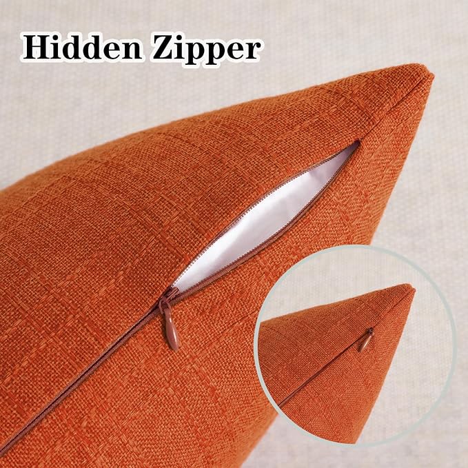 Kevin Textile Outdoor Waterproof 16”x16” Pillow Covers 2 Pack, Dark Orange | Water Resistant, Soft Faux Linen-cotton Yarn-dyed Woven Texture Throw Pillow Covers for Tent Patio Garden Couch Sofa