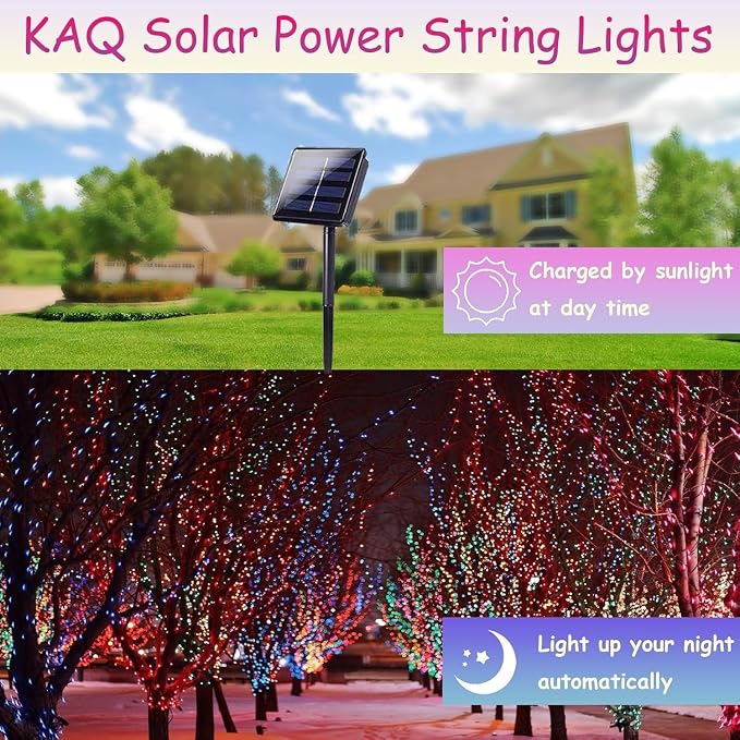 KAQ 2pack 200LED Solar String Lights Outdoor Waterproof Multicolor | Total 66FT Flexible Wire With Bright LEDs, 8 Twinkle Modes with Memory, Auto On/Off Easily Decorates Trees, Fences, Garden