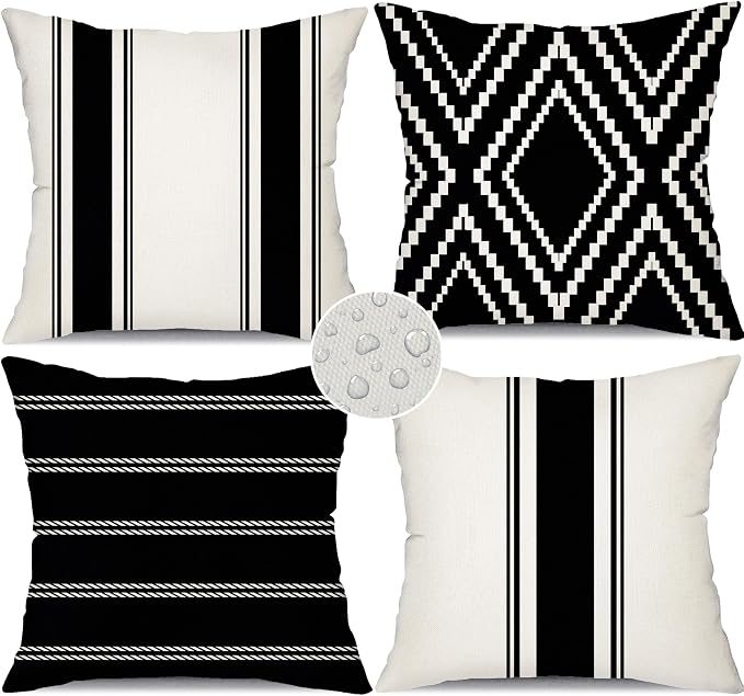 DFXSZ Outdoor Black Waterproof Geometry Pillow Covers 18x18 Set of 4 | Spring Summer Waterproof Modern Throw Pillowcases（No Inserts） Outdoor Decor for Patio Funiture Garden Polyester Covers