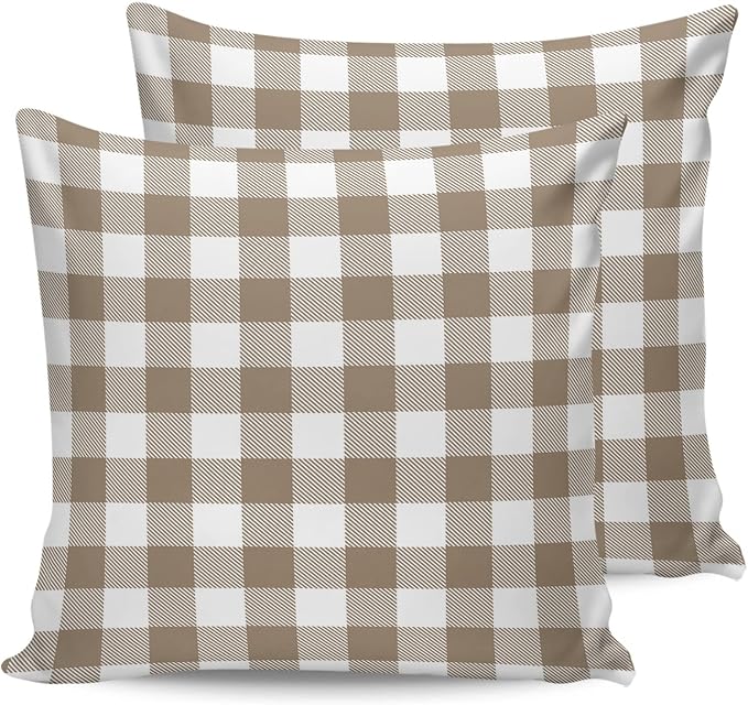 Outdoor Waterproof Throw Pillow Covers Set of 2 Light Brown Buffalo Check Plaid Pillowcases 26x26 Inches Farmhouse Style Patio Decorative Pillows Cushion Case Patio Pillows for Couch Bed Chair Garden