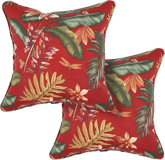 Outdoor Throw Pillow with Insert 18x18 Inch, Set of 2, Piping Edge Waterproof Fade Resistant Decorative Fluffy Pillows for Patio Furniture Chair Bench Couch Sofa - Red Floral
