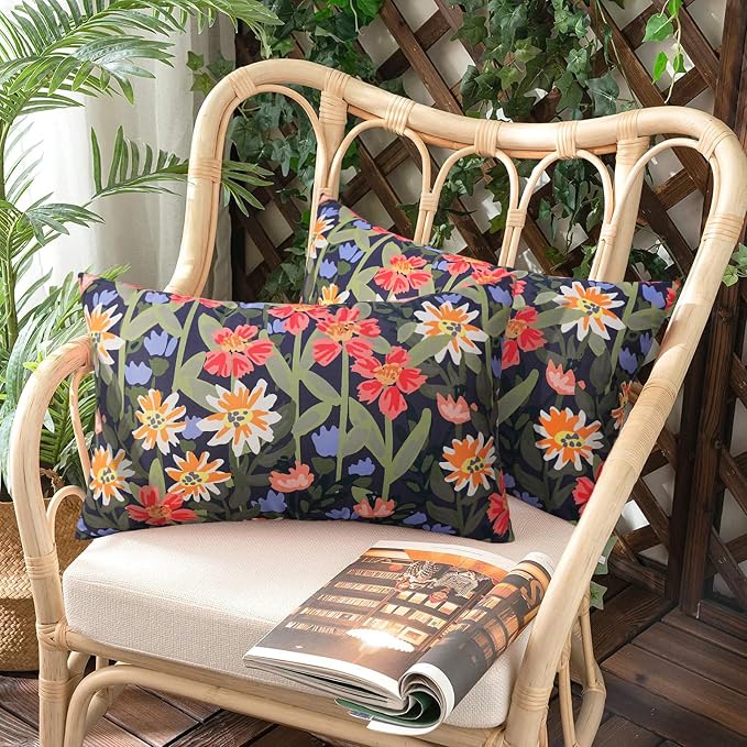 Pyonic Floral Outdoor Lumbar Pillows Covers 12x20 inch Waterproof Spring Summer Decor Outdoor Pillows for Patio Furnture Garden Bench Porch,Black