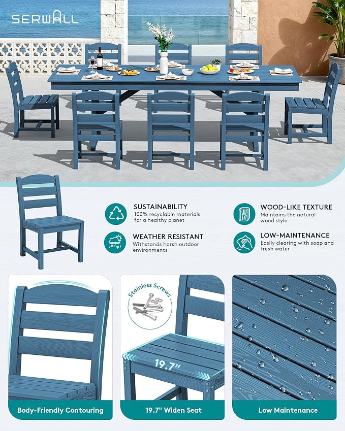 SERWALL Outdoor Armless Dining Chairs Set of 2, All-Weather HDPE Patio Chair with 19.7" Widened Seat, for Backyard, Garden, Blue