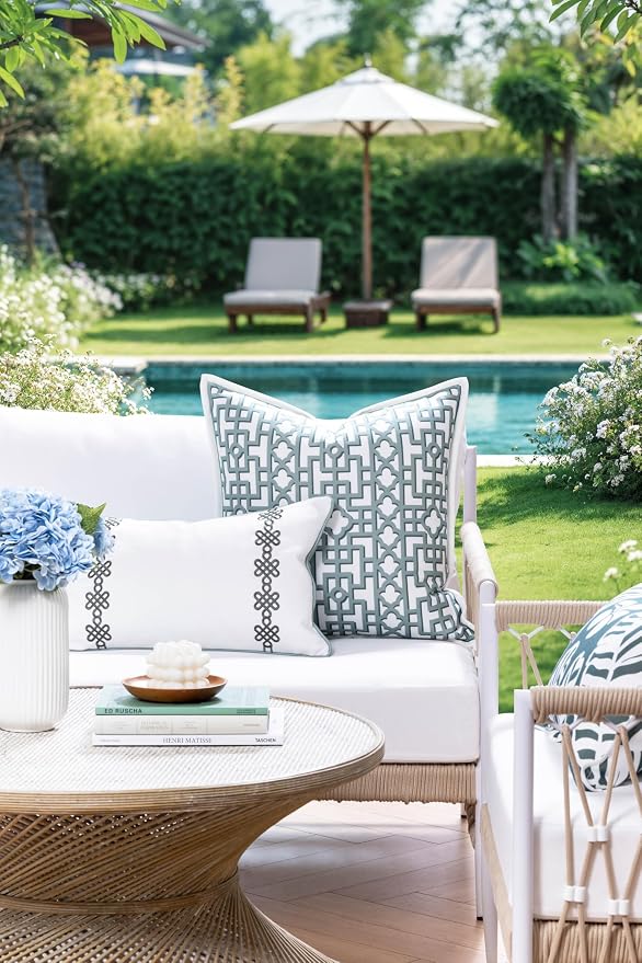 Hofdeco Premium Coastal Hampton Patio Indoor Outdoor Throw Pillow Cover Only, 20"x20" Water Repellent for Backyard, Couch, Poolside, Forest Green Print Fretwork Trellised Screen