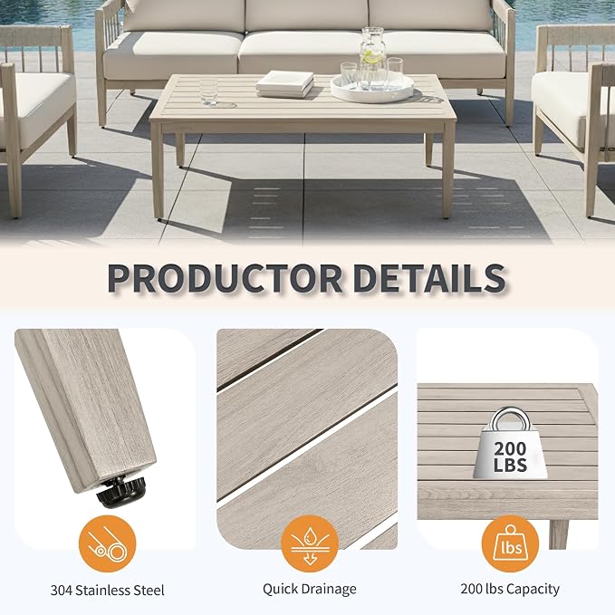 Outdoor Coffee Table, Never-Rust Aluminum Patio Coffee Table with Faux Wood Grain Finish, 24" x 43" Rectangle All-Weather Patio Table with Adjustable Feet for Balcony, Deck, Garden