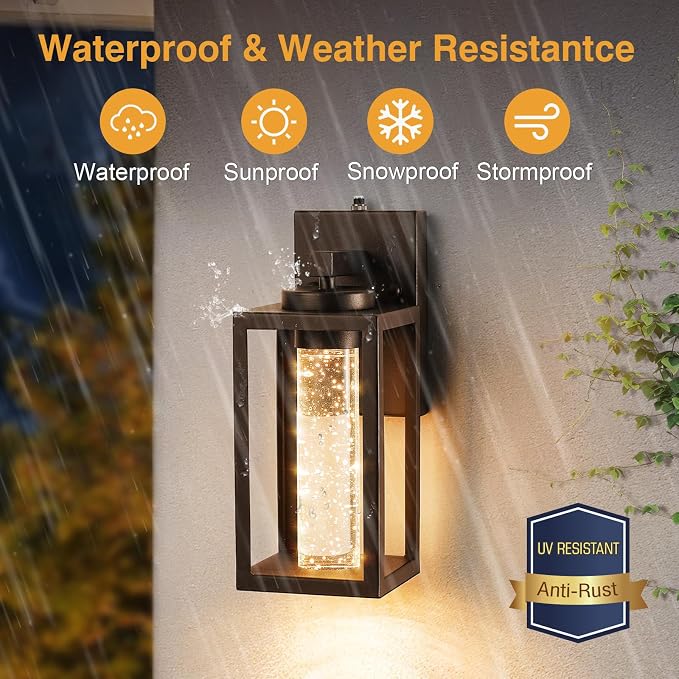 VIANIS 2 Pack Porch Lights Outdoor, Farmhouse Oil Rubbed Bronze Dusk to Dawn Exterior House Lighting Fixtures Wall Mount with Integrated 10W LED Light Source, Die-Cast Aluminum Outdoor Sconce Lantern