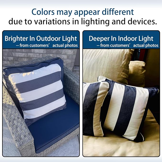 Outdoor Throw Pillow with Insert 18x18 Inch, Set of 2, Piping Edge Waterproof Fade Resistant Decorative Fluffy Pillows for Patio Furniture Chair Bench Couch Sofa - Navy White Striped