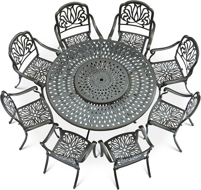 VIVIJASON 9-Piece Patio Furniture Dining Set, Rust-Free Cast Aluminum Outdoor Conversation Set, Include 8 Chairs & 61" Round Dining Table with 31" Lazy Susan, Umbrella Hole for Lawn Garden