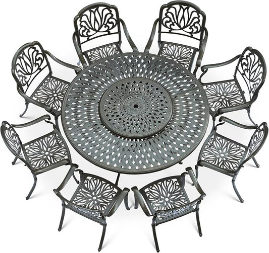 VIVIJASON 9-Piece Patio Furniture Dining Set, Rust-Free Cast Aluminum Outdoor Conversation Set, Include 8 Chairs & 61" Round Dining Table with 31" Lazy Susan, Umbrella Hole for Lawn Garden