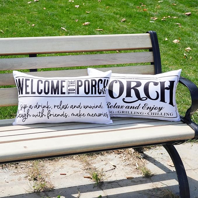 Welcome Porch Outdoor Pillow Covers 12x20 Inch Waterproof White Decorative Throw Pillows for Patio Furniture Garden Cushion Case Bench Decor