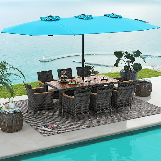 Tangkula 10 Pieces Patio Wicker Dining Set w/Double-Sided Patio Umbrella, Outdoor Acacia Wood Furniture Set w/ 8 Armchairs, 71” Dining Table & 15 ft Umbrella with Weighted Base (Turquoise)