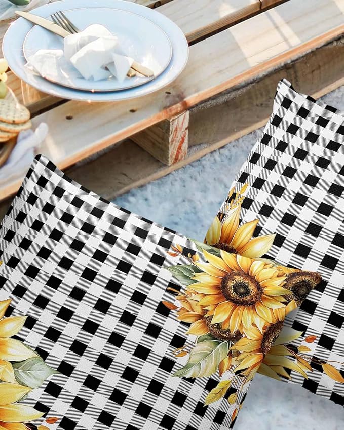 Sunflower Outdoor Waterproof Throw Pillow Covers 18"x18" Set of 2, Buffalo Check Plaid Sunflower Decorative Garden Pillowcase with Zipper Retro Farmhouse Cushion Case for Patio Couch Tent