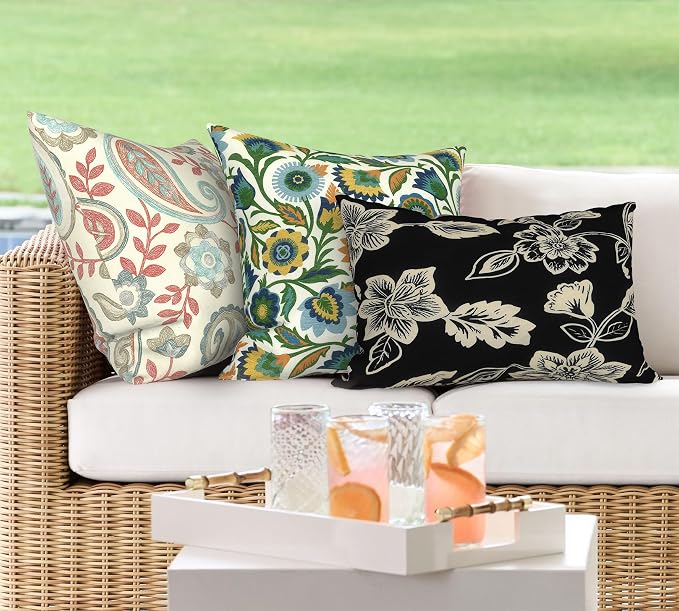 DYTXIII Pack of 2 Outdoor Waterproof Lumbar Pillow Covers ONLY, 12x20 Rectangle Decorative Double Printed Pillow Cases for Patio Couch Porch Furniture - Vines Black