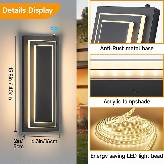 Dusk to Dawn Outdoor Wall Sconce,Outdoor Light Fixtures,16 in,24W | Black, Modern Square Exterior Lights Wall Mount For House,Garage ,Porch,Patio, With 3000K Warm White LEDs,Waterproof ,2 Packs
