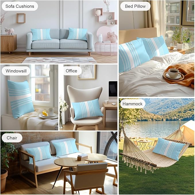 Aqua White Stripe Outdoor Pillow Covers 20x12 Inch Lumbar Pillow Covers Set of 2 Waterproof Decorative Throw Pillow Cases Modern Rustic Vertical Striped Cushion Covers for Patio Furniture Garden Couch