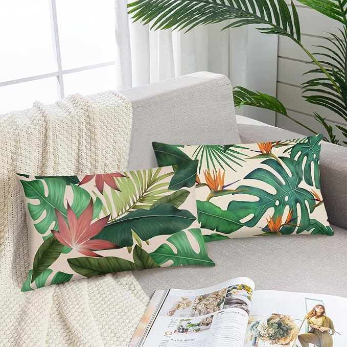 Bonhause Tropical Leaves Throw Pillow Covers 12 x 20 Inch Green Palm Leaf Monstera Botanical Pillows Case Polyester Linen Cushion Covers for Outdoor Couch Sofa Patio Decor Set of 2