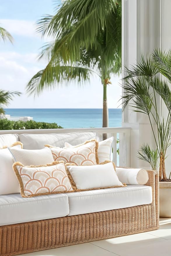 Hofdeco Premium Coastal Hampton Patio Indoor Outdoor Lumbar Pillow Cover Only, 12"x20" Water Repellent for Backyard, Couch, Poolside, White Neutral Tan Solid