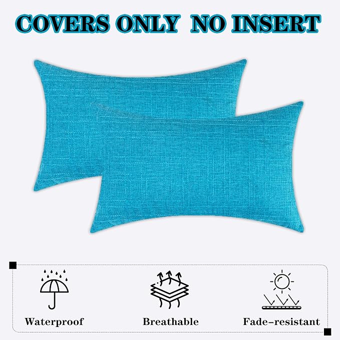 Kevin Textile Outdoor Waterproof 12”x24” Pillow Covers 2 Pack, Peacock Blue | Water Resistant, Soft Faux Linen-cotton Yarn-dyed Woven Texture Throw Pillow Covers for Tent Patio Garden Couch Sofa