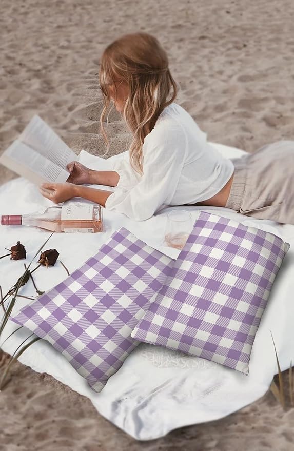 Outdoor Waterproof Throw Pillow Covers Set of 2 Purple Buffalo Check Plaid Lumbar Pillowcases 20x12 Inches Farmhouse Style Patio Decorative Pillows Cushion Case Patio Pillows for Couch Bed Garden
