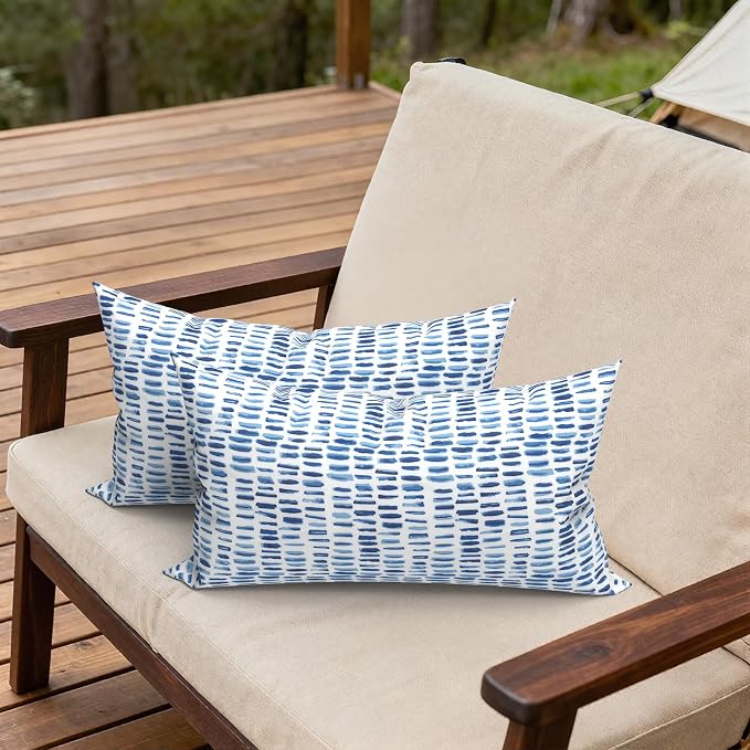 Outdoor Lumbar Pillows, Water Repellent Cushion Pillows 12x20 Inch, Outdoor Pillows with Inserts for Home Garden, Pack of 2, Pebble Blue