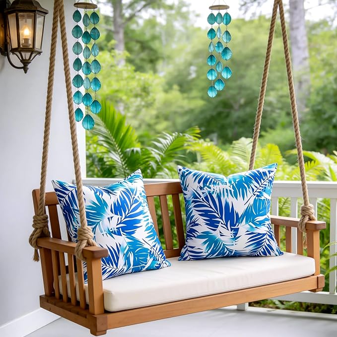 Outdoor Tropical Leaves Pillow Covers Waterproof Decorative Blue Leaf Pillow Covers Summer Accent Couch Covers Garden Farmhouse Throw Cushion Cases 20x20 Set of 2 for Patio Tent Balcony Bench Sofa