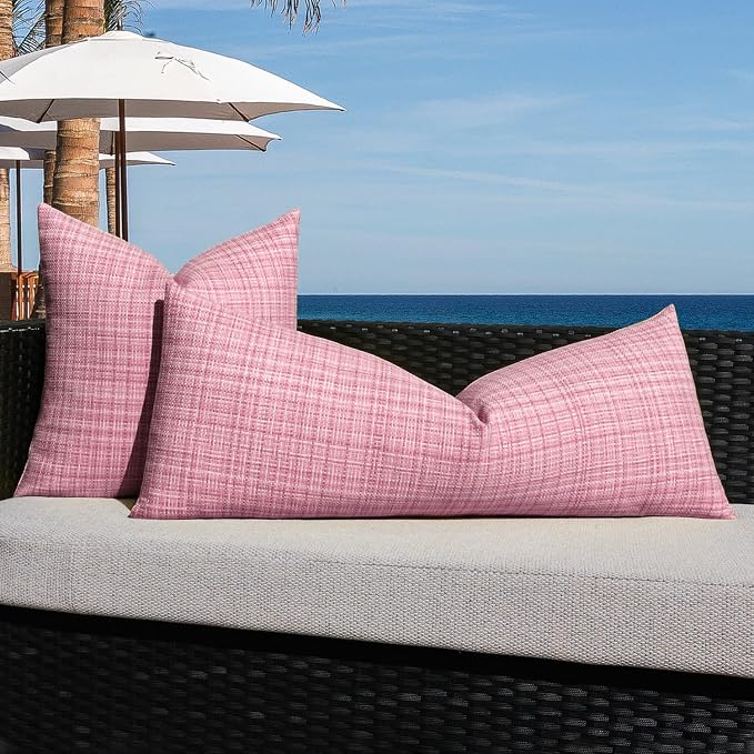 Kevin Textile Outdoor Waterproof 14"x36" Lumbar Pillow Cover 1 Pack, Pink | Water Resistant, Faux Linen Yarn-dyed, Woven Texture Throw Pillow Covers for Tent Patio Garden Couch Sofa