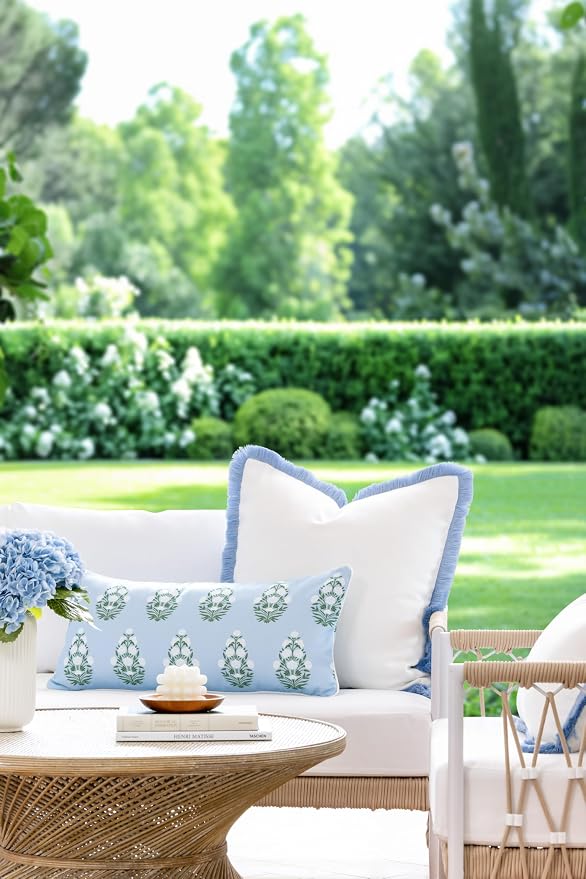 Hofdeco Premium Coastal Grandmillennial Patio Indoor Outdoor Lumbar Pillow Cover Only, 12"x26" Water Repellent for Backyard, Couch, Poolside, Baby Blue Green Print Flower