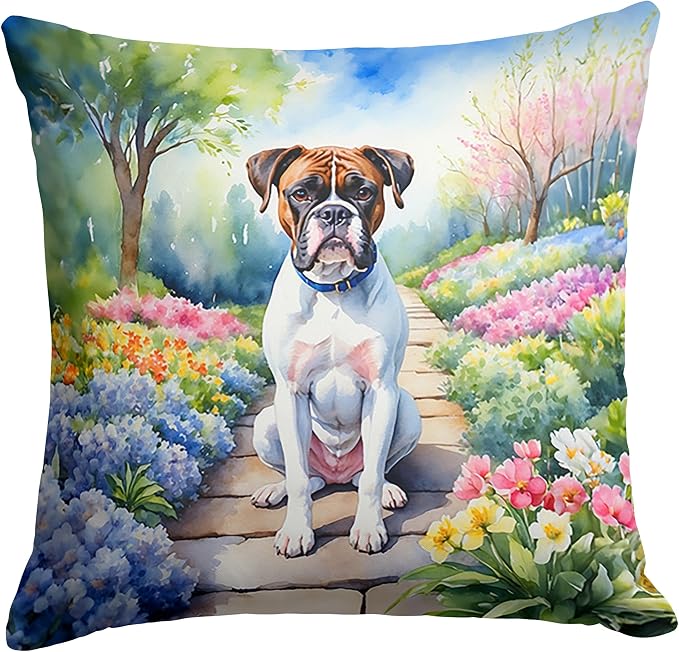 Caroline's Treasures Boxer Spring Path Throw Pillow Machine Washable, Indoor Outdoor Decorative Pillow for Couch, Bed or Patio, 14Hx14W