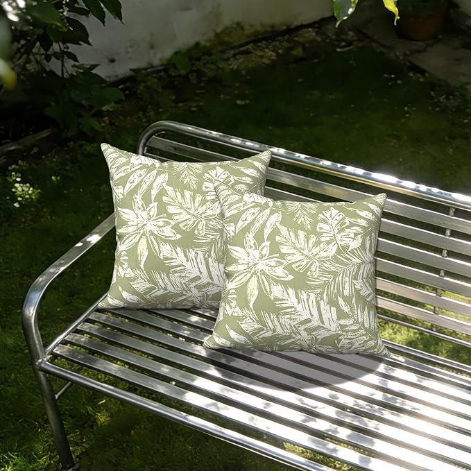Outdoor Throw Pillow Covers 18x18 Inch, Decorative Pillow Covers for Patio Furniture, Tropical Leaf Green Modern Cushion Cases for Garden Couch Home Sofa, Pack of 2